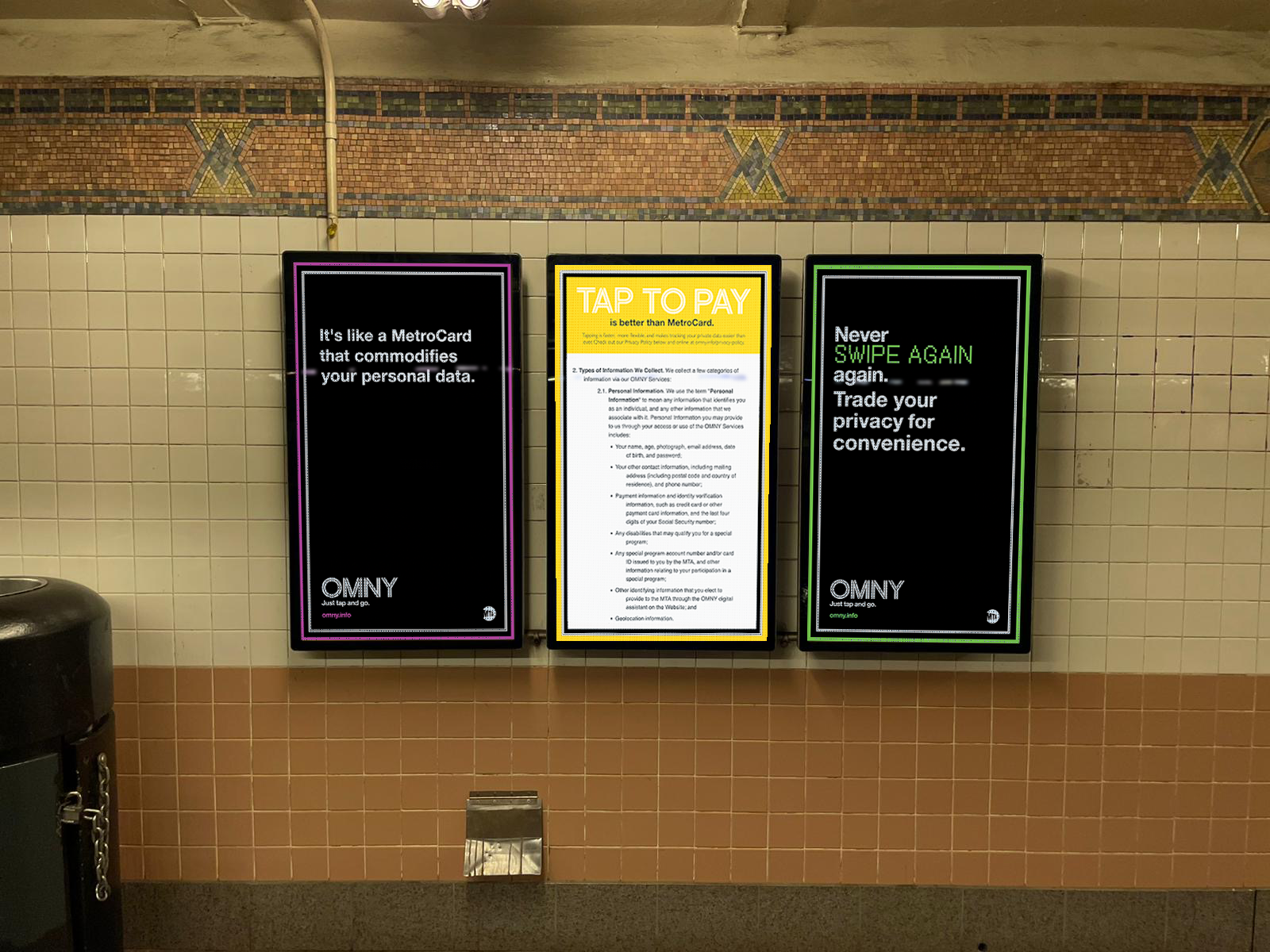 Guerilla subway advertisements about OMNY